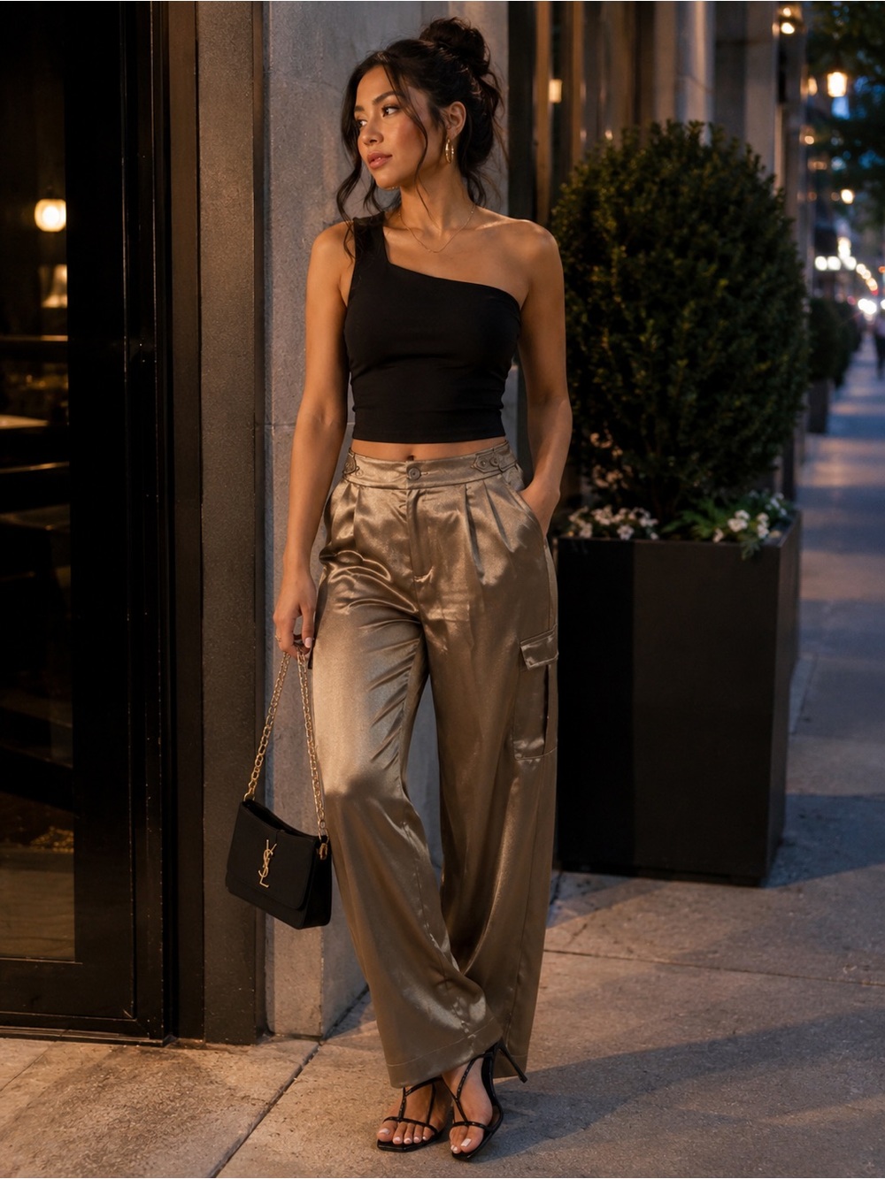 A New Day Satin Cargo Wide-Leg Pants in Shiny Bronze NWT